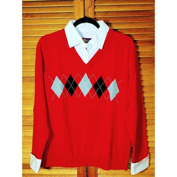 Y2K Cotton Argyle Sweater Red Black French Cuff & Collar Layered Style - Large - Picture 2 of 8